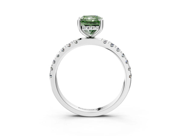 Platinum Fancy Green Radiant Cut Diamond Pave Band Solitaire Ring with Round  and Prong Setting