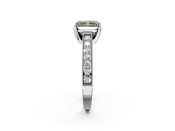 White gold Fancy Green Radiant  Cut Diamond Solitaire Ring with Milgrain Pave Band and Four Prong Setting