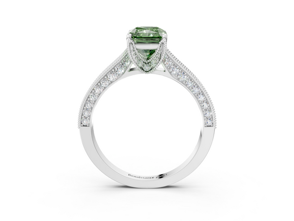 White gold Fancy Green Radiant  Cut Diamond Solitaire Ring with Milgrain Pave Band and Four Prong Setting