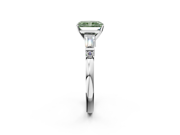 Platinum Fancy Green Radiant  Cut Diamond Ring with Baguette Side Stones, Channel Set Band, and Four-Prong Setting