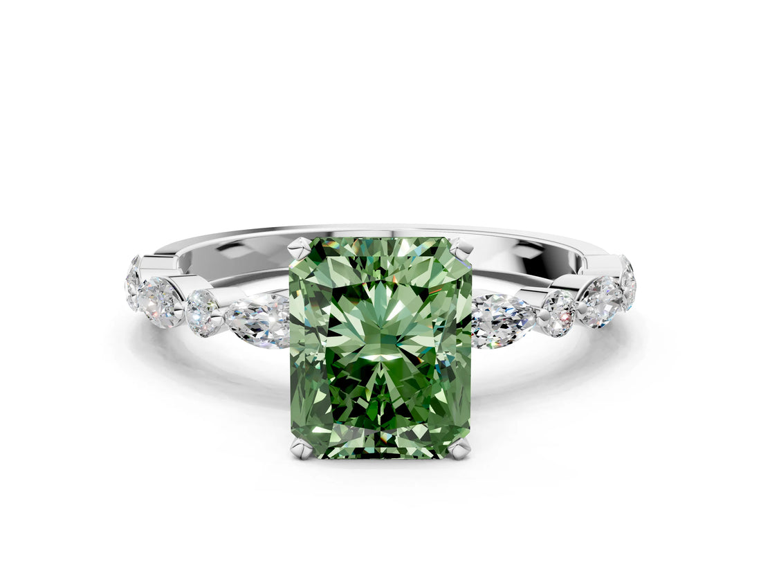 White gold Fancy Green Radiant Cut Diamond Ring with Marquise and Round  Side Stones and Four-Prong Setting_64