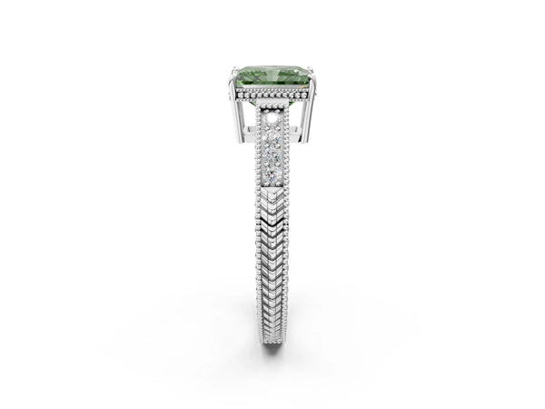 Platinum Fancy Green Radiant Cut Diamond Ring with Milgrain Pavé Band and Four-Prong Setting