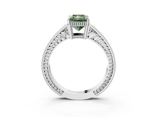 Platinum Fancy Green Radiant Cut Diamond Ring with Milgrain Pavé Band and Four-Prong Setting