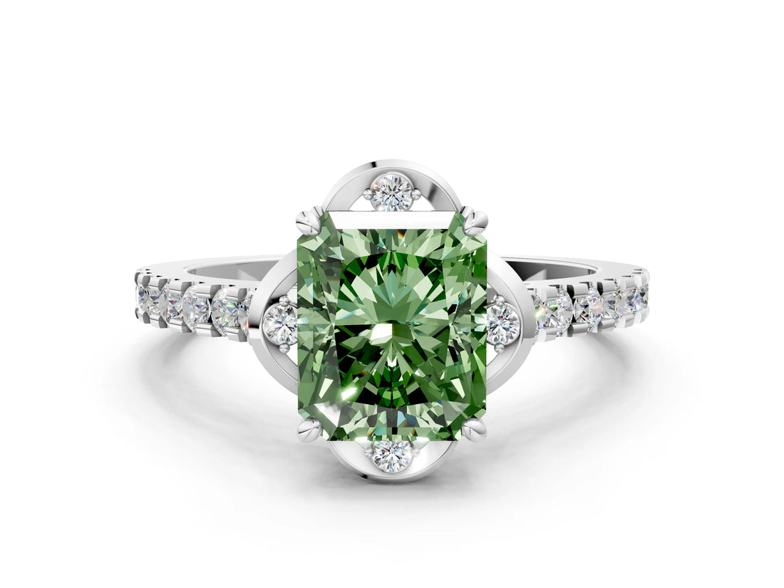 White gold Fancy Green Radiant Cut Diamond Ring with Pavé Band and Floral Prong Setting_39