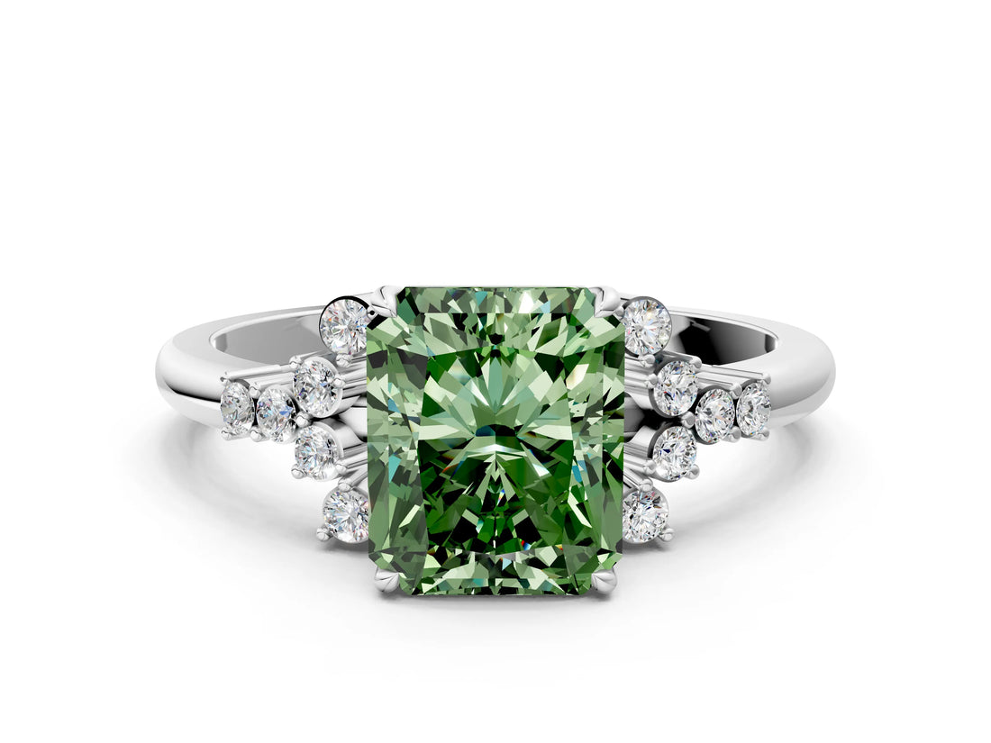 White gold Fancy Green Radiant Cut Diamond Ring with Side Stones and Four-Prong Setting_150