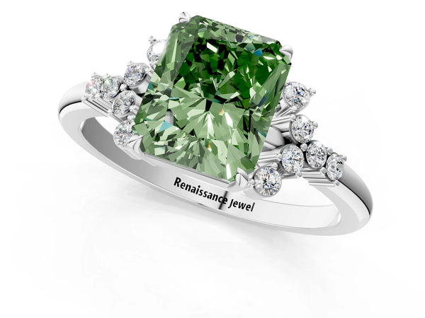 White gold Fancy Green Radiant Cut Diamond Ring with Side Stones and Four-Prong Setting