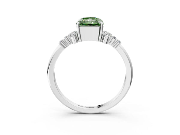 White gold Fancy Green Radiant Cut Diamond Ring with Side Stones and Four-Prong Setting