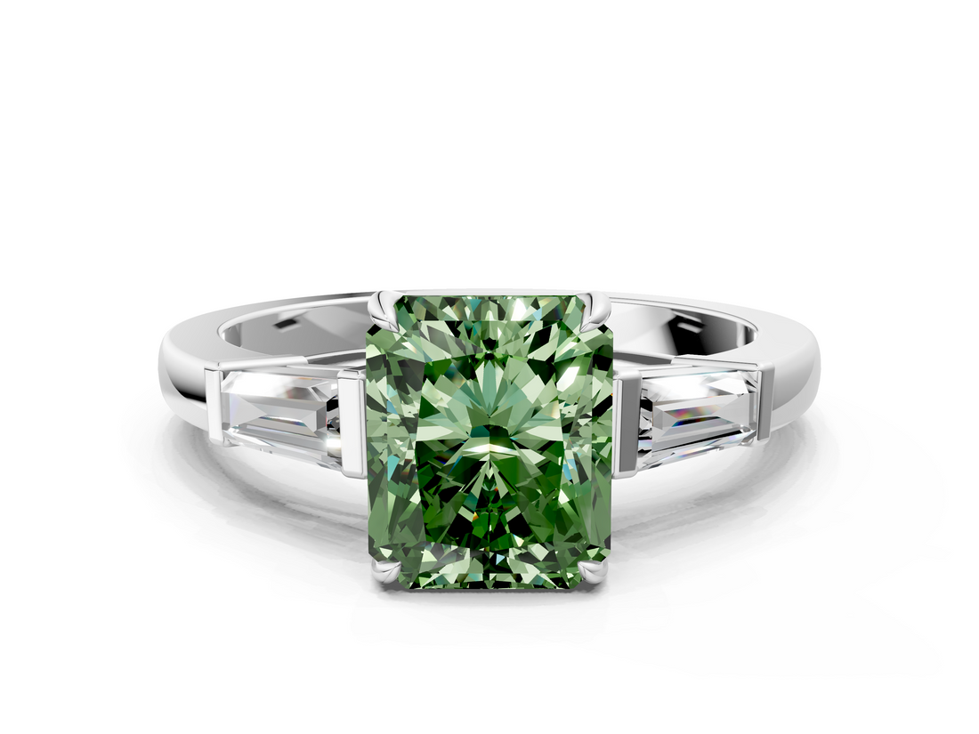 White gold Fancy Green Radiant  Cut Diamond Ring with Tapered Baguette Side Stones in Four-Prong Setting_3