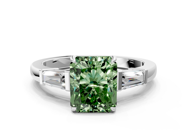 White gold Fancy Green Radiant  Cut Diamond Ring with Tapered Baguette Side Stones in Four-Prong Setting