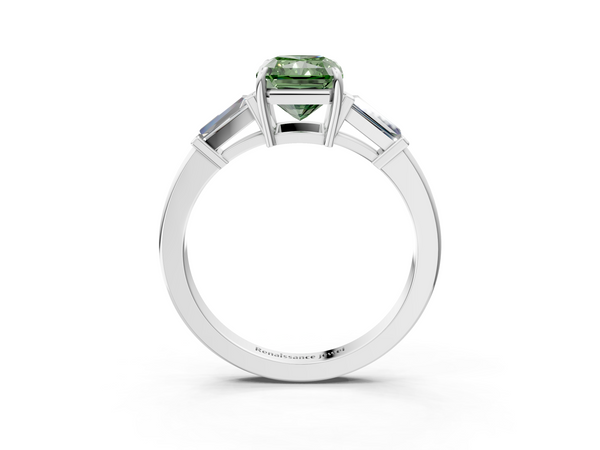 White gold Fancy Green Radiant  Cut Diamond Ring with Tapered Baguette Side Stones in Four-Prong Setting