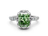 White gold Fancy Green Radiant Cut Diamond Scalloped Halo Engagement Ring with Round Shared Prong Band_19