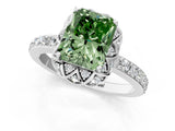 White gold Fancy Green Radiant Cut Diamond Scalloped Halo Engagement Ring with Round Shared Prong Band_20