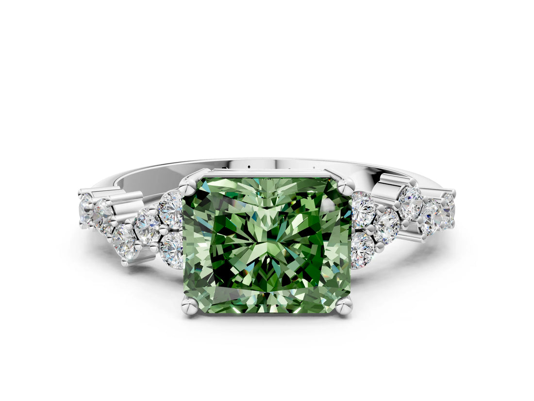 White gold Fancy Green Radiant Cut Diamond Scattered Round Accent Ring with Prong Setting_12
