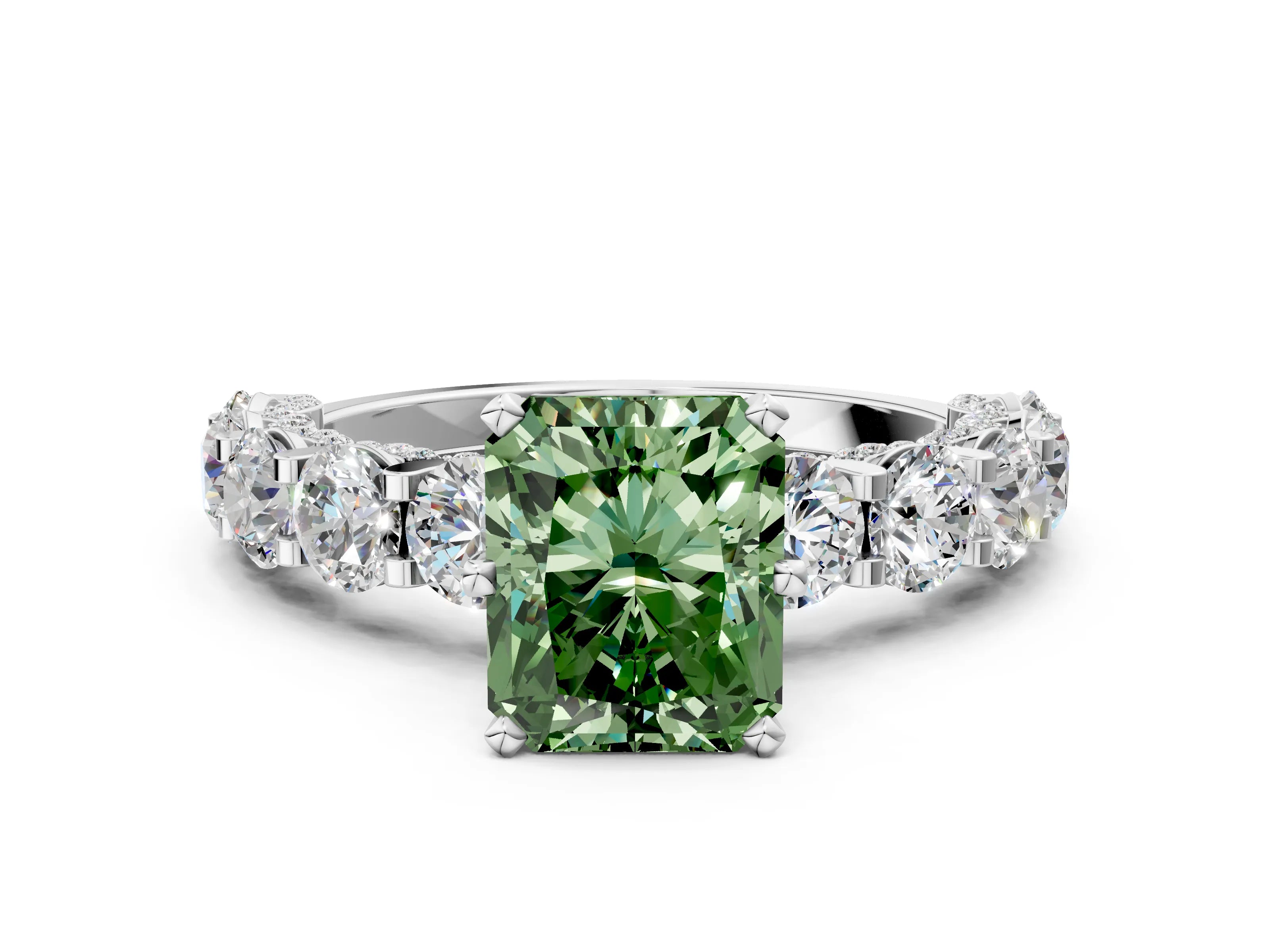 White gold Fancy Green Radiant Cut Diamond Side Stone Engagement Ring with Four-Prong Setting_24