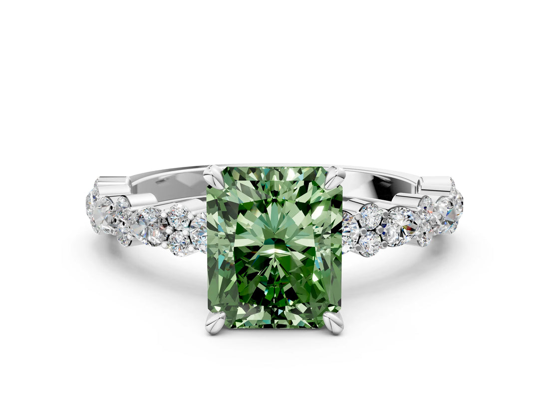 White gold Fancy Green Radiant Cut Diamond Side Stone Solitaire Ring with Round  and Four-Prong Setting_12