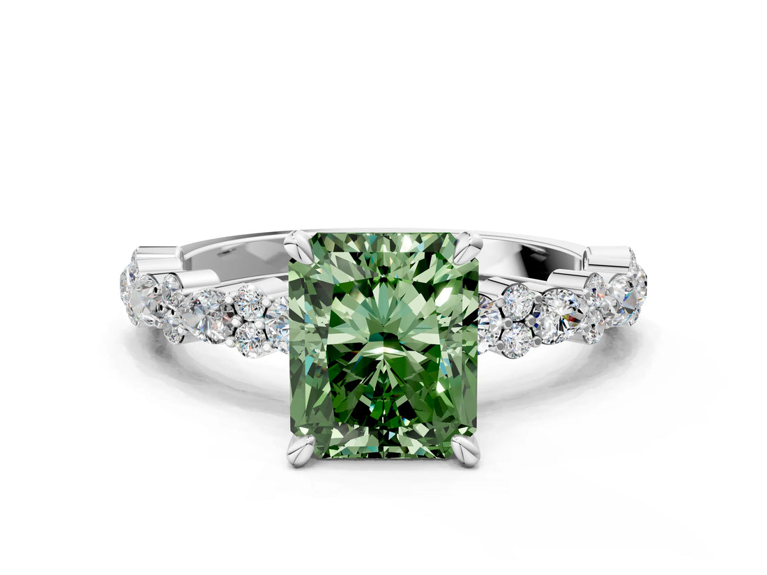 White gold Fancy Green Radiant Cut Diamond Side Stone Solitaire Ring with Round  and Four-Prong Setting_154