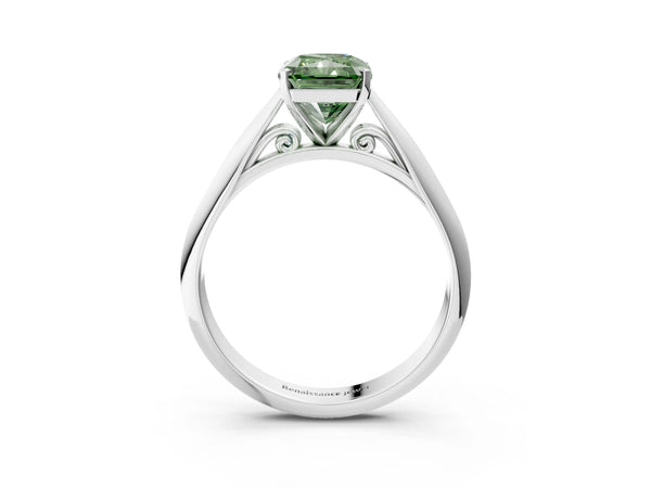 Platinum Fancy Green Radiant Cut Diamond Solitaire Engagement Ring with Cathedral Setting and Four-Prong Mount