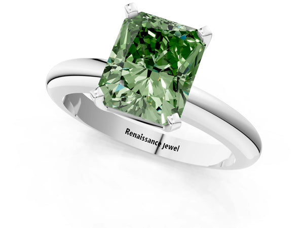 Platinum Fancy Green Radiant Cut Diamond Solitaire Engagement Ring with Round Band and Four-Prong Setting