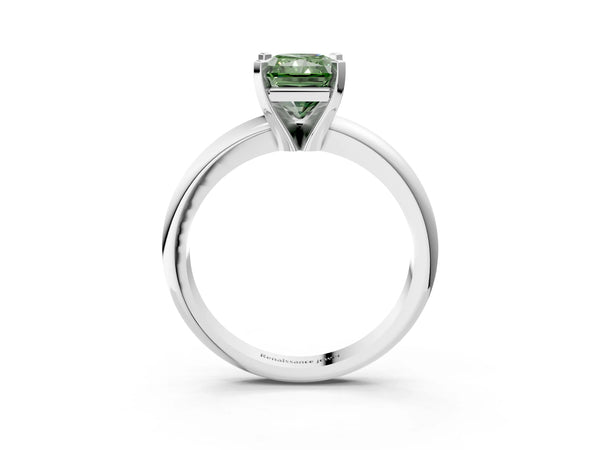 Platinum Fancy Green Radiant Cut Diamond Solitaire Engagement Ring with Round Band and Four-Prong Setting