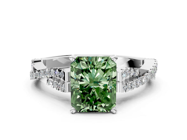 White gold Fancy Green Radiant Cut Diamond Solitaire Engagement Ring with Twisted Pavé Band and Four-Prong Setting