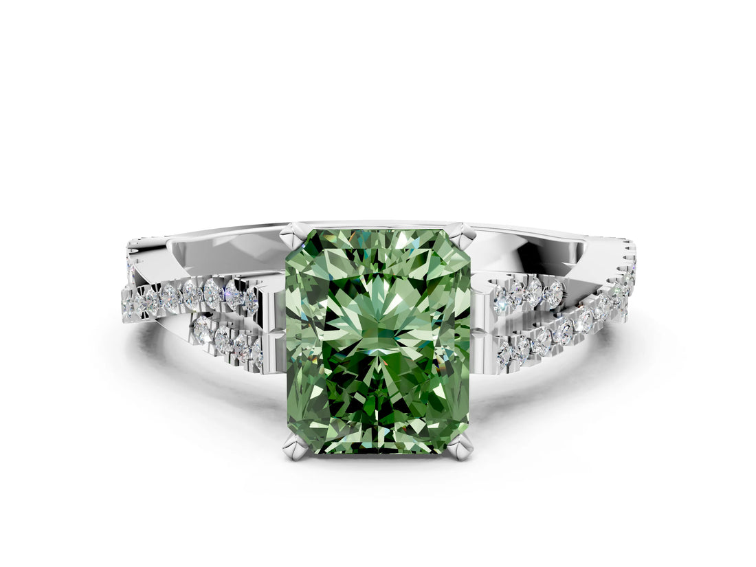 White gold Fancy Green Radiant Cut Diamond Solitaire Engagement Ring with Twisted Pavé Band and Four-Prong Setting_81