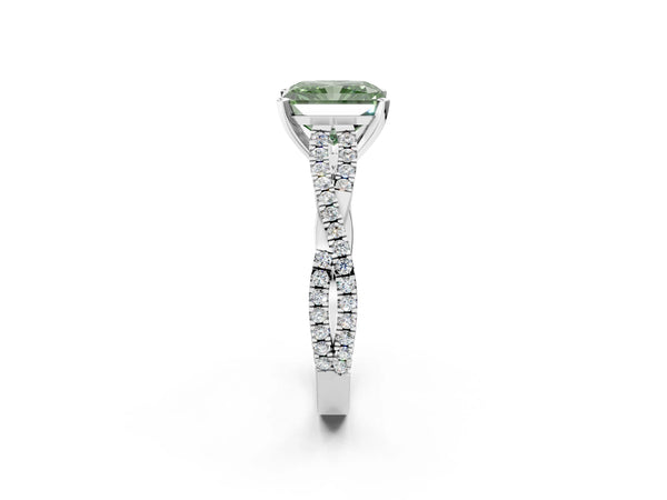 White gold Fancy Green Radiant Cut Diamond Solitaire Engagement Ring with Twisted Pavé Band and Four-Prong Setting