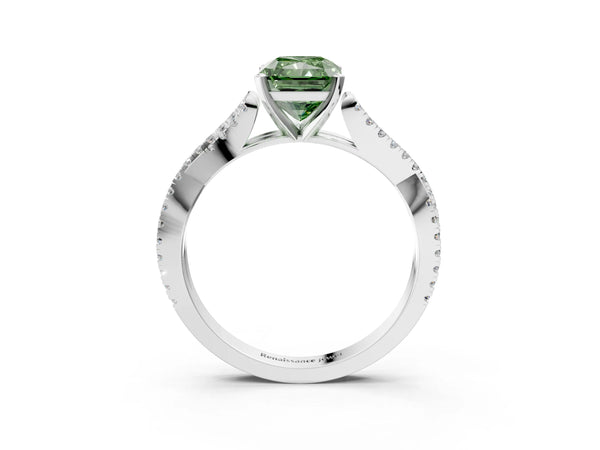 White gold Fancy Green Radiant Cut Diamond Solitaire Engagement Ring with Twisted Pavé Band and Four-Prong Setting
