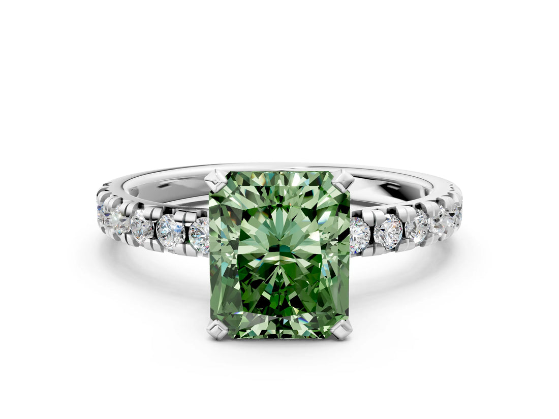 White gold Fancy Green Radiant Cut Diamond Solitaire Pavé Engagement Ring with Round Band and Prong Setting_68
