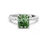 White gold Fancy Green Radiant Cut Diamond Solitaire Ring with Beaded Band and Prong Setting_408