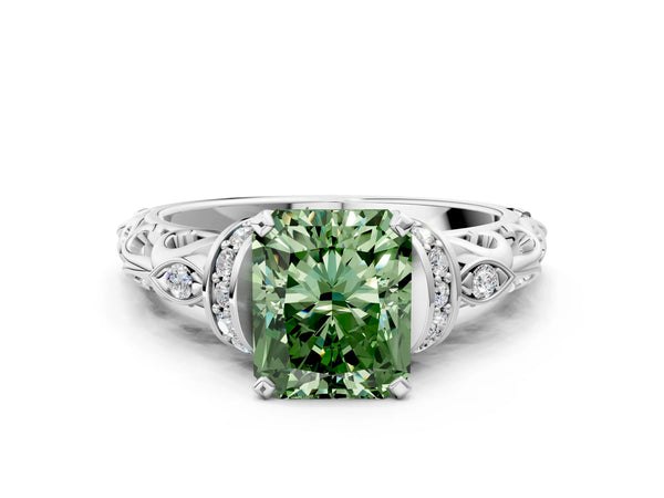 White gold Fancy Green Radiant Cut Diamond Solitaire Ring with Filigree Band and Four-Prong Setting