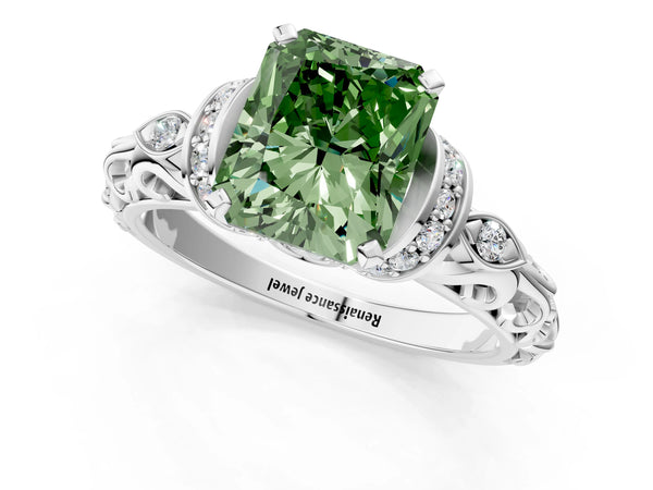 White gold Fancy Green Radiant Cut Diamond Solitaire Ring with Filigree Band and Four-Prong Setting