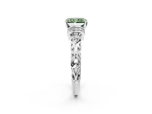 White gold Fancy Green Radiant Cut Diamond Solitaire Ring with Filigree Band and Four-Prong Setting