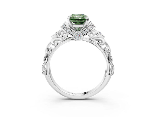 White gold Fancy Green Radiant Cut Diamond Solitaire Ring with Filigree Band and Four-Prong Setting
