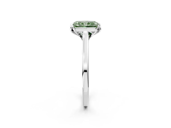 White gold Fancy Green Radiant Cut Diamond Solitaire Ring with Flower Prong Setting and Classic Band