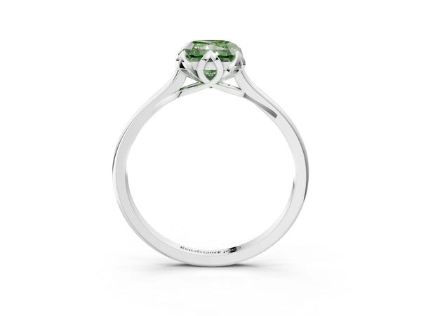 White gold Fancy Green Radiant Cut Diamond Solitaire Ring with Flower Prong Setting and Classic Band