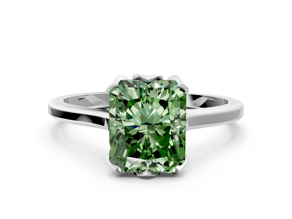 White gold Fancy Green Radiant Cut Diamond Solitaire Ring with Flower Prong Setting and Classic Band