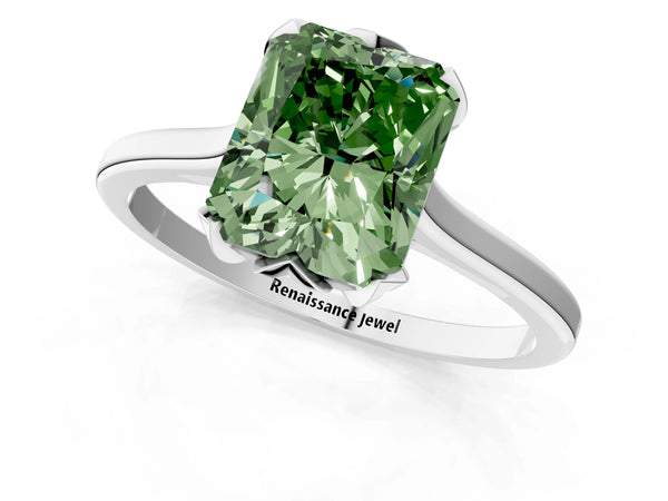 White gold Fancy Green Radiant Cut Diamond Solitaire Ring with Flower Prong Setting and Classic Band