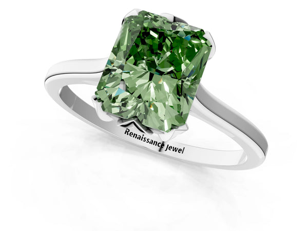 White gold Fancy Green Radiant Cut Diamond Solitaire Ring with Flower Prong Setting and Classic Band
