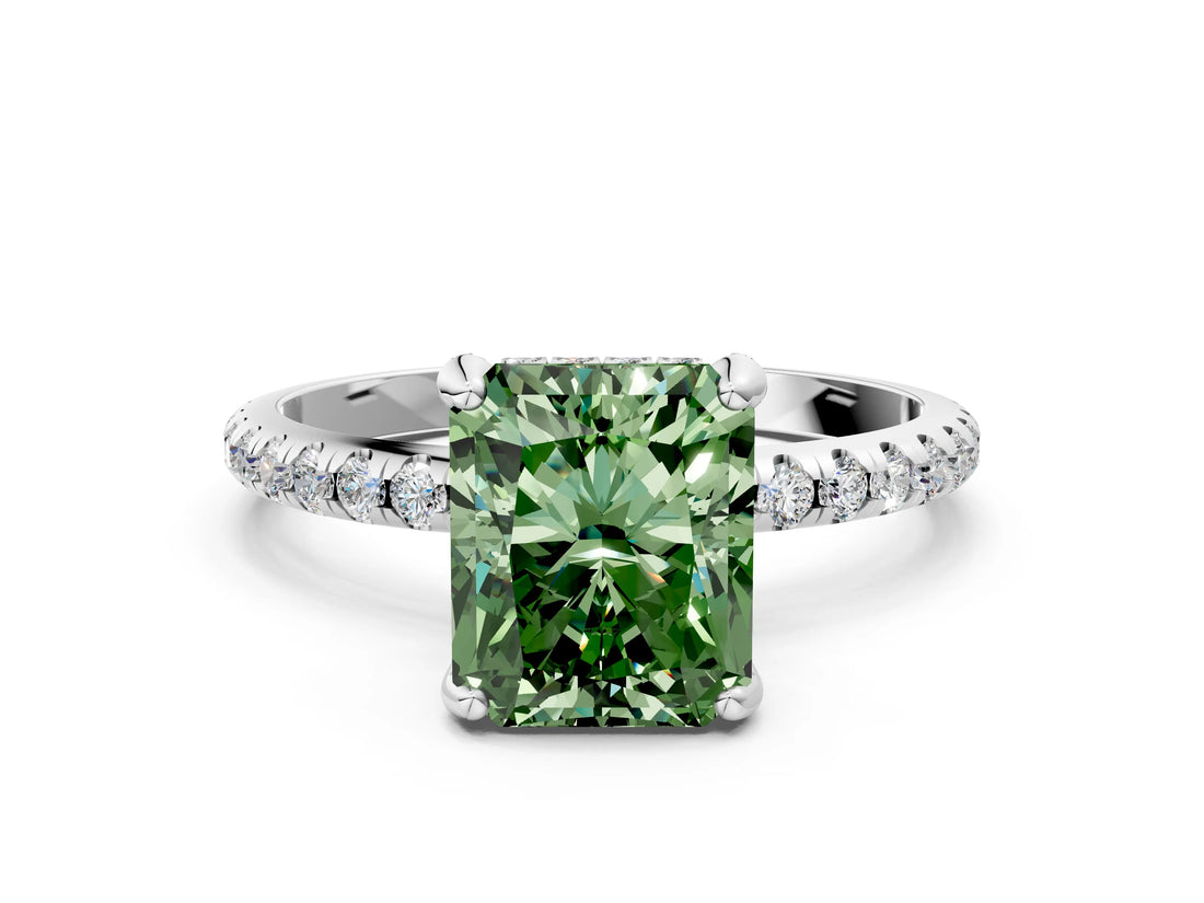White gold Fancy Green Radiant Cut Diamond Solitaire Ring with Four-Prong Setting and Pavé Band_3