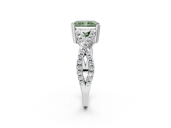 Platinum Fancy Green Radiant Cut Diamond Solitaire Ring with Four-Prong Setting and Twisted Pavé Band