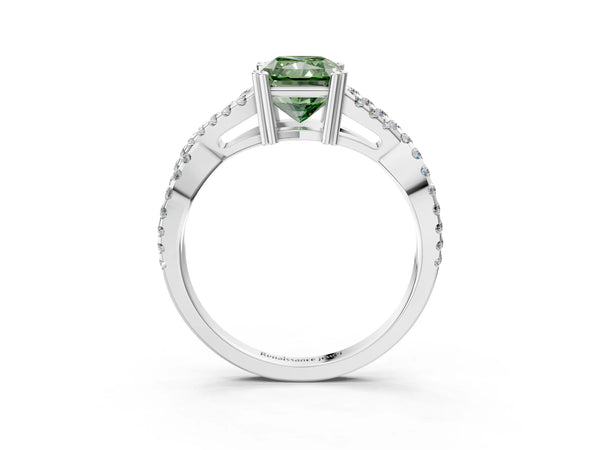 Platinum Fancy Green Radiant Cut Diamond Solitaire Ring with Four-Prong Setting and Twisted Pavé Band