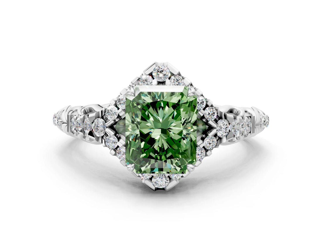 White gold Fancy Green Radiant Cut Diamond Solitaire Ring with Hidden Halo and Pavé Band_39