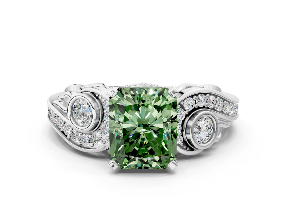 White gold Fancy Green Radiant Cut Diamond Solitaire Ring with Milgrain Pavé Band and Four-Prong Setting_207