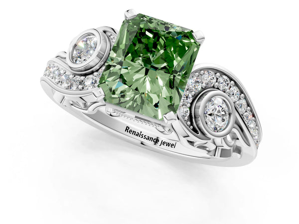 White gold Fancy Green Radiant Cut Diamond Solitaire Ring with Milgrain Pavé Band and Four-Prong Setting
