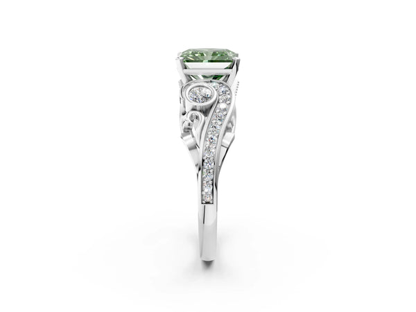 White gold Fancy Green Radiant Cut Diamond Solitaire Ring with Milgrain Pavé Band and Four-Prong Setting