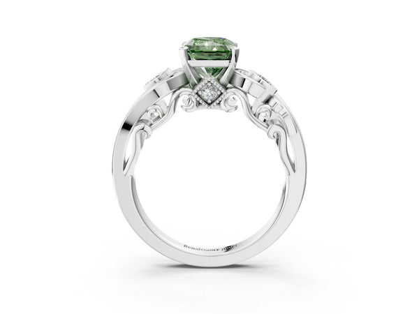 White gold Fancy Green Radiant Cut Diamond Solitaire Ring with Milgrain Pavé Band and Four-Prong Setting