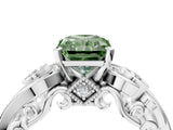 White gold Fancy Green Radiant Cut Diamond Solitaire Ring with Milgrain Pavé Band and Four-Prong Setting_211