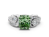 White gold Fancy Green Radiant Cut Diamond Solitaire Ring with Milgrain Pavé Band and Four-Prong Setting_212