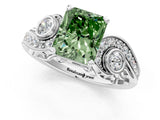 White gold Fancy Green Radiant Cut Diamond Solitaire Ring with Milgrain Pavé Band and Four-Prong Setting_214