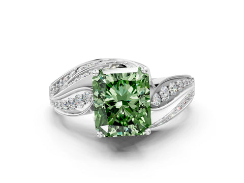 White gold Fancy Green Radiant Cut Diamond Solitaire Ring with Prong Setting and Twisted Pavé Band_12